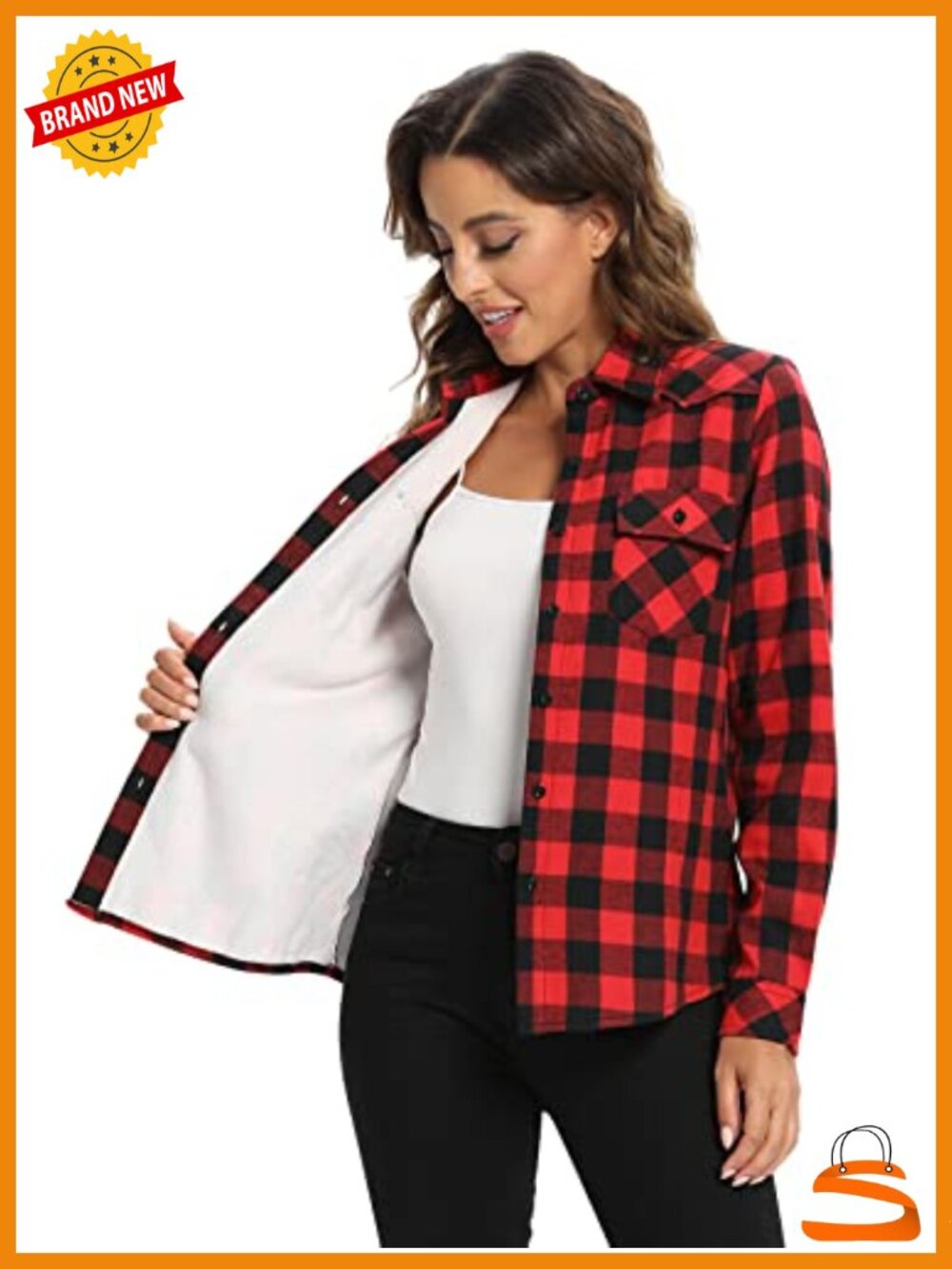 OCHENTA Women's Fleece Lined Plaid Flannel Shacket Button Down Shirt Jacket